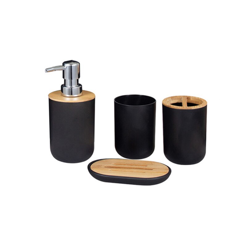 4 Stuks Bamboe Badkamers Set Tandenborstelhouder Zeepdispenser Zeepbakje Container Badkamer Accessoires: Black