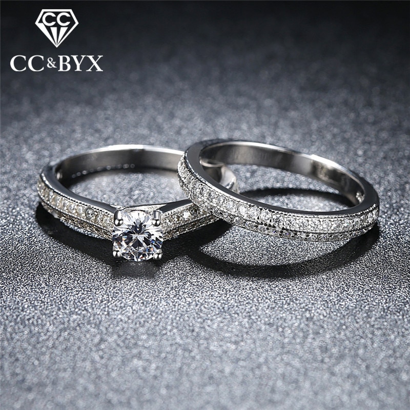 CC Lovers Jewelry 925 Silver Rings For Women Bridal Wedding Engagement Double Couple Simple Set Ring CC634