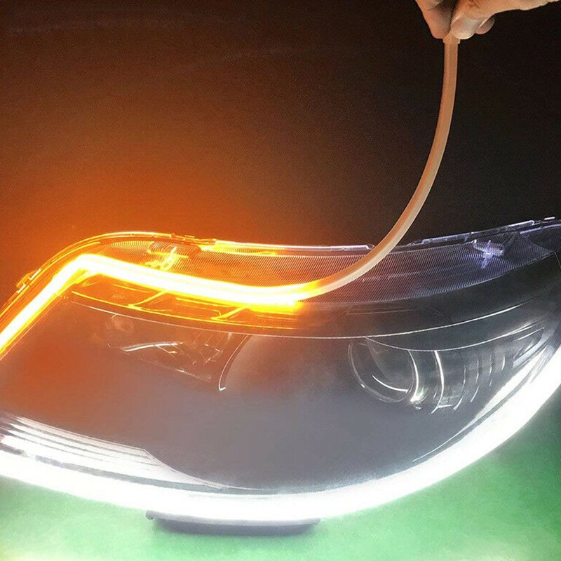 2pcs 60CM Slim White Amber Sequential Flexible LED DRL Turn Signal Strip IP68 Waterproof Headlight Turning Light
