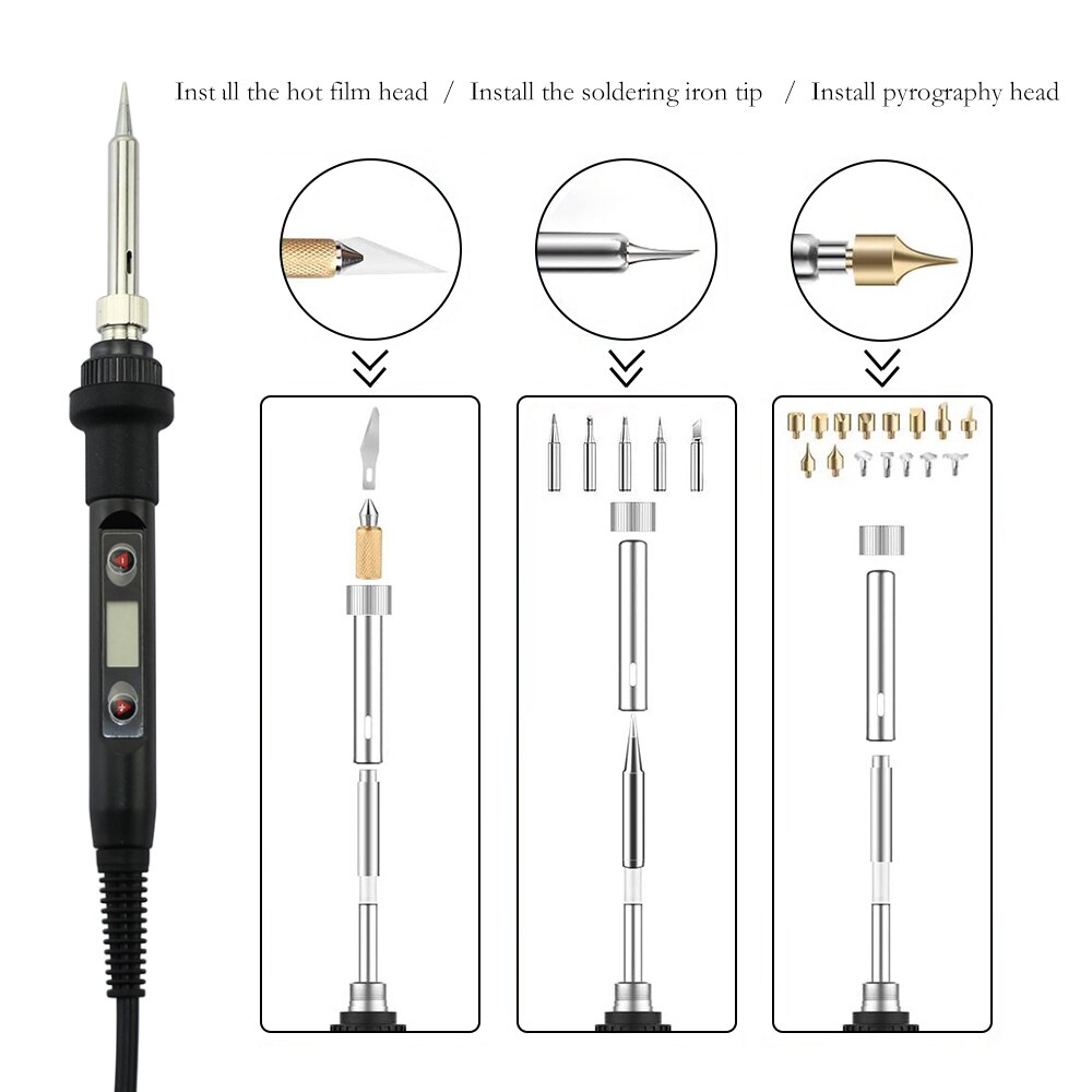 60W 80W Wood Burning Carving Pyrography Pen Kit Adjustable Temperature Soldering Iron Welding Wood Embossing Burning Repair Set