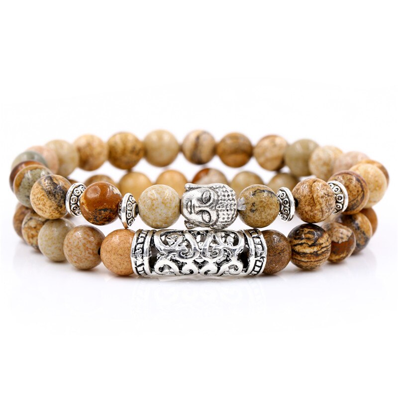 2PCS/Set Buddha Head Charm Natural 8mm Stone Beads Bracelet Sets For Women Men Braiding Macrame Bracelet Set Charm Bangle: BA-053(16)