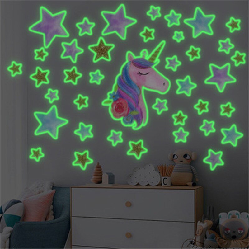 Glow In The Dark Eenhoorn Sterren Muurstickers Baby Slaapkamer Fluorescerende Lichtgevende Eenhoorn Sticker Voor Kinderkamer Plafond Decor: Goud