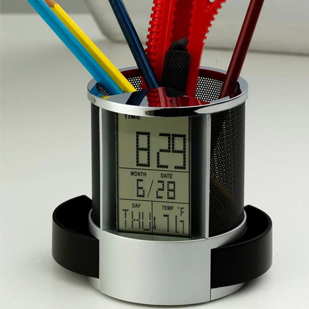 Stylo porte-crayons numérique LCD | Alarme de bureau, maille, minuterie, température, Table, calendrier, horloge de bureau, 2 petits tiroirs