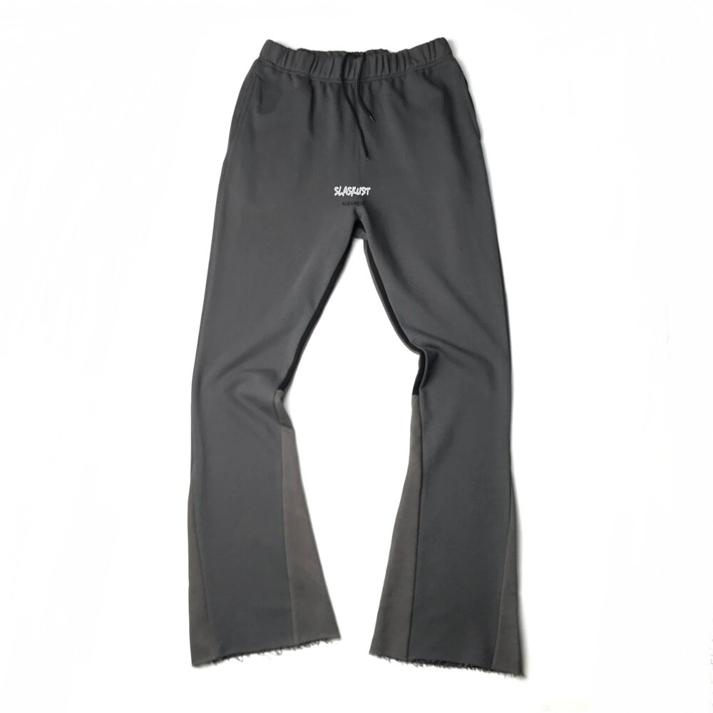 Pantalones de chándal deconstruidos negros/grises, pantalones de algodón de rizo ajustados acampanados, ropa de calle Vintage con abertura de pierna ancha de longitud extendida