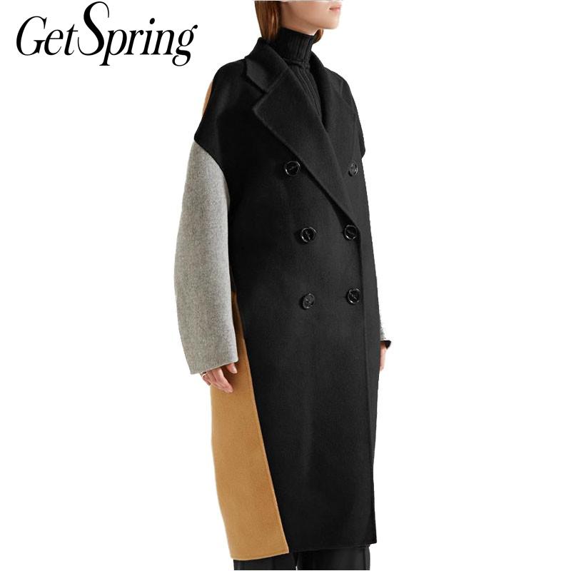 Getspring kvinder frakke kvinder uld frakker patchwork farve matchin vinter ulden jakke plus size lang kvinde vinter frakker jakker