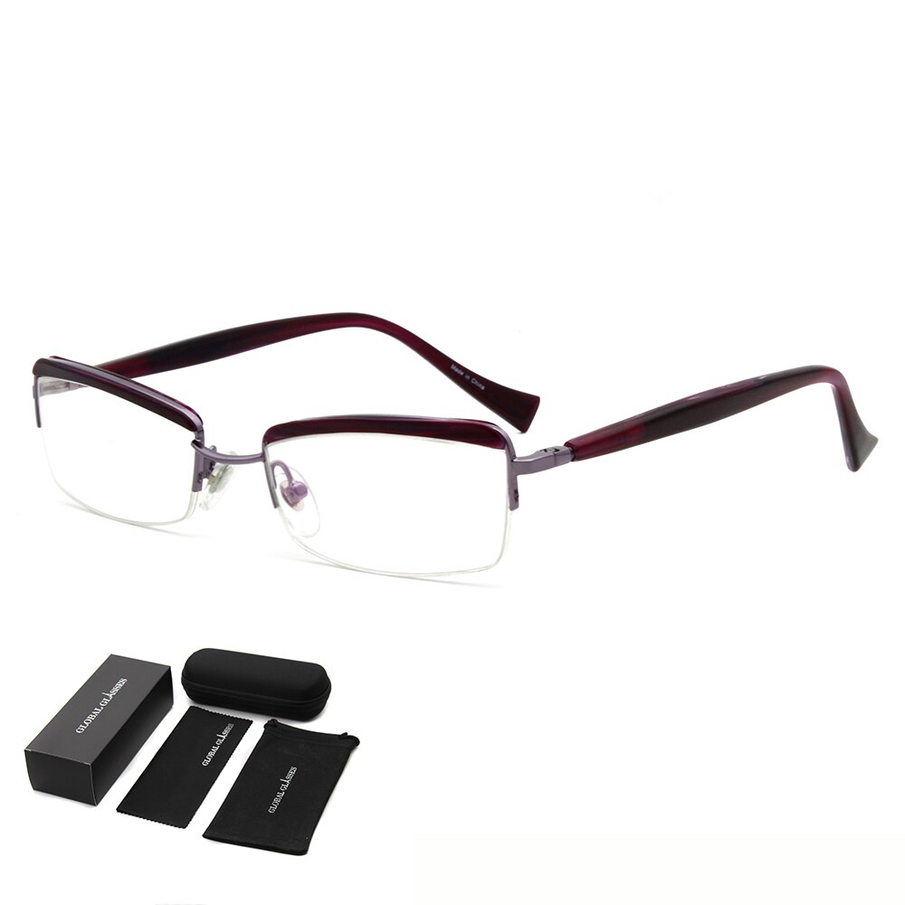 Optical Eyeglass Metal Rectangle Frame Acetate Temple Office Lady Women Gray Demi Color Home Outgoing LX-B0037: Purple-full package