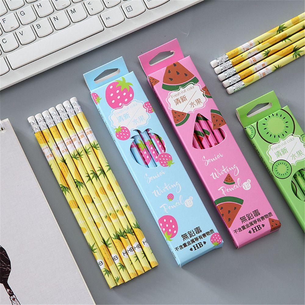 12 Stks/pak Verse Fruit Watermeloen Aardbei Potloden Met Gum Hb Zwart Lood Hout Standaard Potloden Set School Stationery