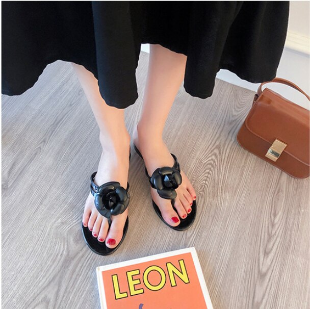 Brand Camellia Bloem Vrouwen Gelei Schoenen Slippers Zomer Slippers Strand Schoenen Sandalen Flats Dames Slides: All black / 37