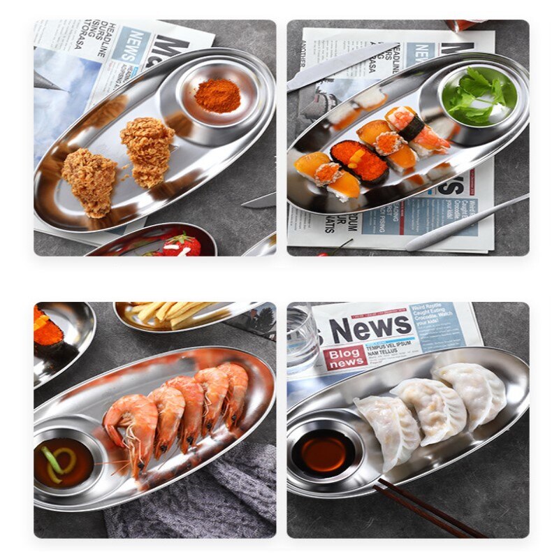304 stainless steel snack plate divided grid plate oval plate with sauce plate western food french fries fried chicken snack