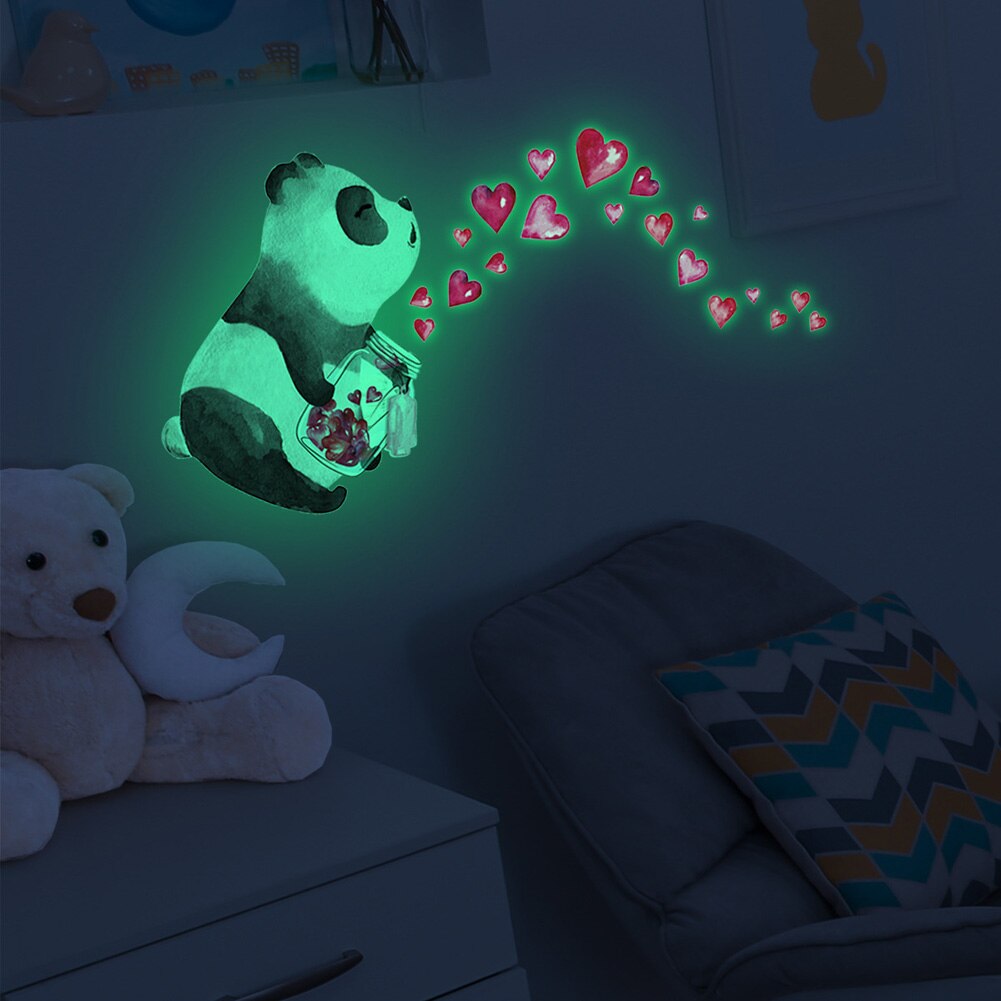 Cartoon Panda Baby Hart Muursticker Slaapkamer Voor Thuis Decoratie Kinderkamer Behang Glow In The Dark Zelfklevende stickers