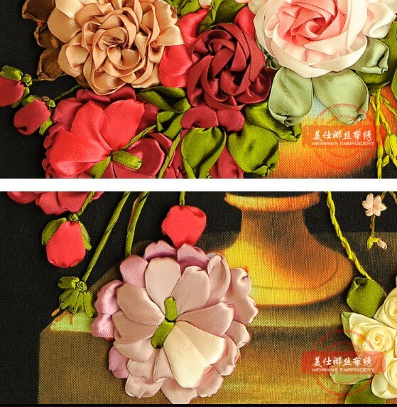 3D Rosa botella de la flor de pintura de bordado de artesanía bordado círculo DIY a mano costura Arte de la pared Decoración