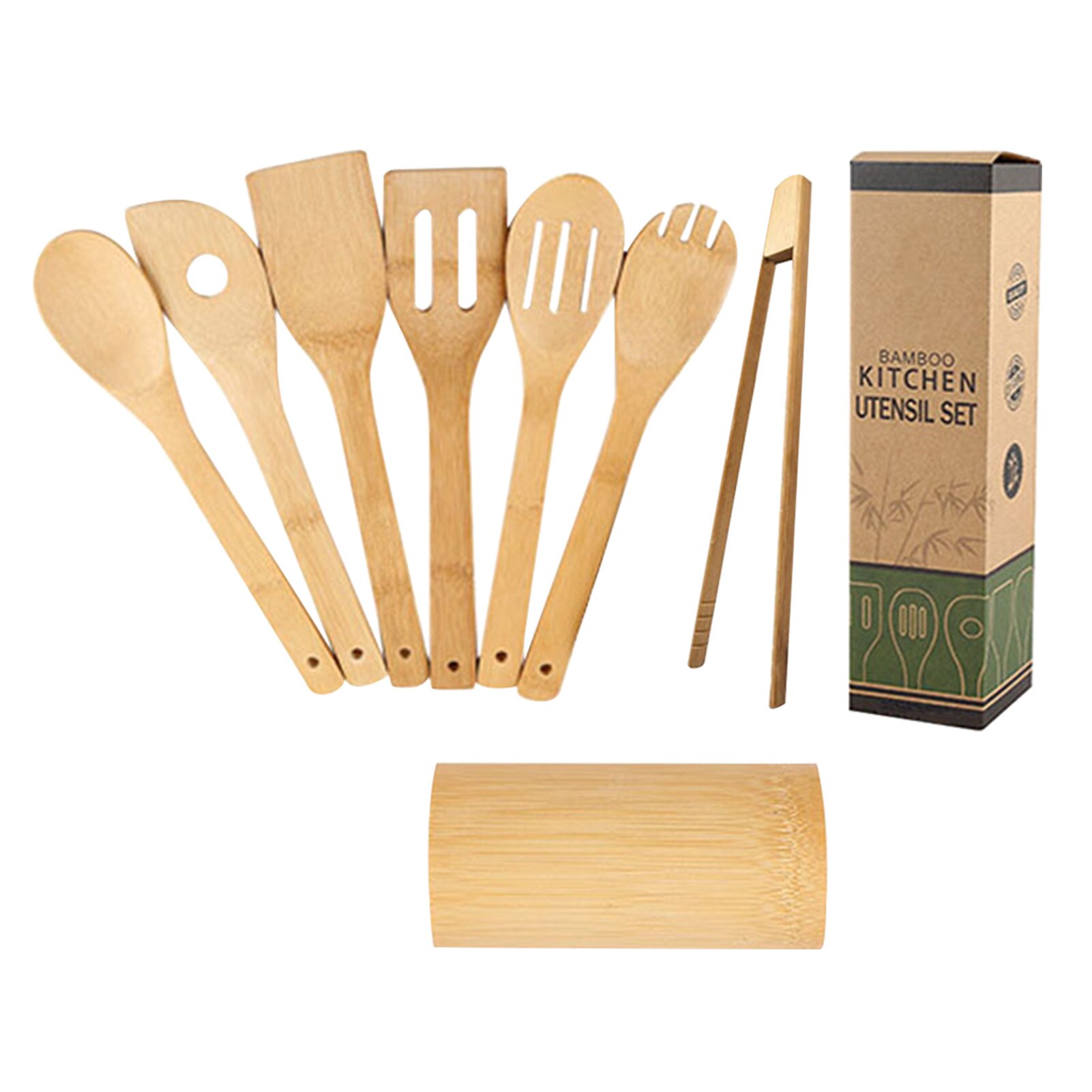 Kitchen Utensil Set Home Multifunctional Easy Clean With Holder Spoons Baking Stirring For Cookware Spatula Frying Bamboo Mixing