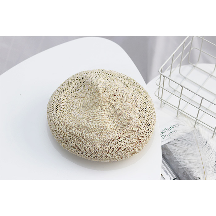 Boina de punto para mujer, gorro de estilo parisino, suave y ligero, boina de punto con recorte, transpirable, línea Staw: Beige
