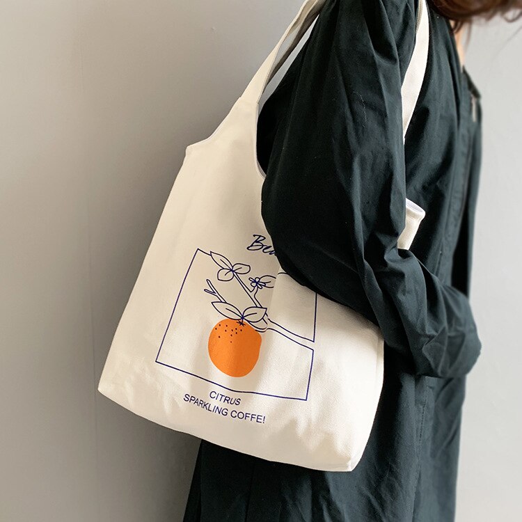 Bolso grande de hombro de lona para mujer, bolsa de compras femenina de tela de algodón con estampado de frutas, bolso de playa reutilizable Ins