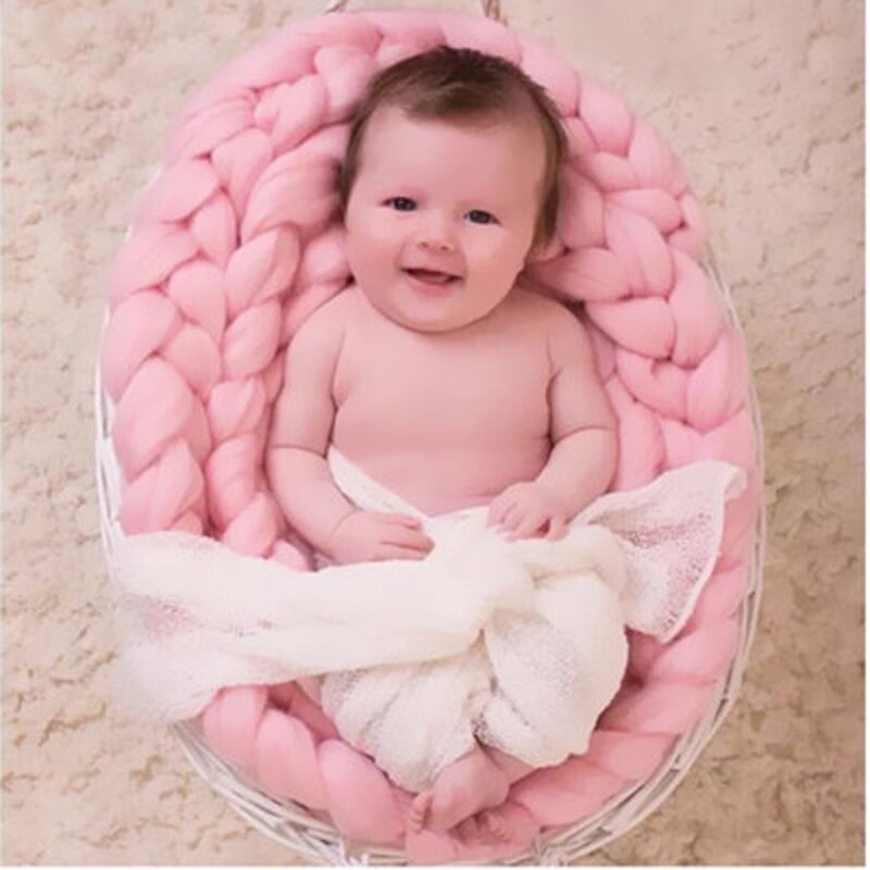 Håndstrikket ull heklet babyteppe fotografering rekvisitter klumpete strikk solide baby sengetepper kurv vogn