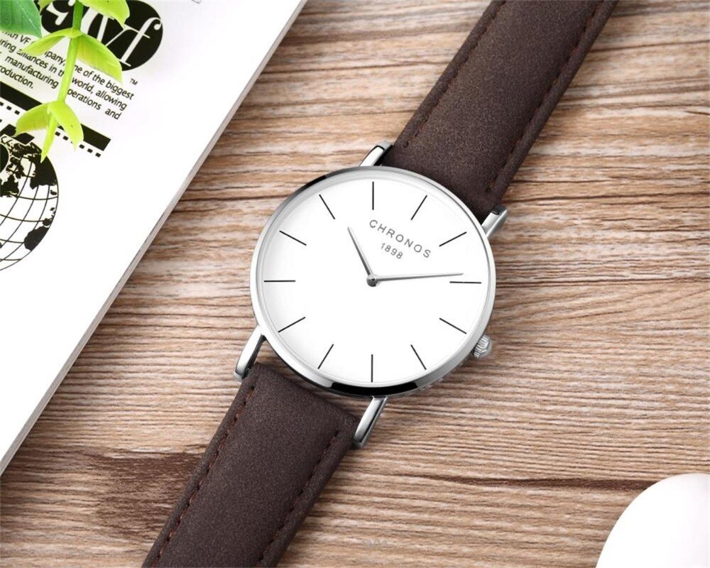 Chronos 1898 Mannen Vrouwen Simple Quartz Horloge Case Unisex Paar Lederen Horloges Grote Analoge Gezicht Bruin Zwart Montre Femme