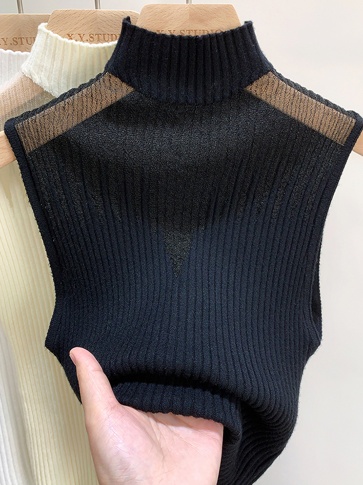 Mesh Knitted Top Women Y2K Tank Top Half Neck Vest Female Sleeveless Sweater Chic Cut Out Streetwear Solid Skinny Tube Top: black