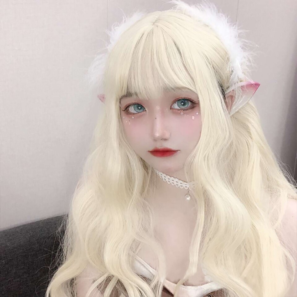 MEIFAN Long Curly Lolita Wigs with Bangs Blonde Harajuku Cosplay Wig Heat Resistant Synthetic Costume Daily Hair Party