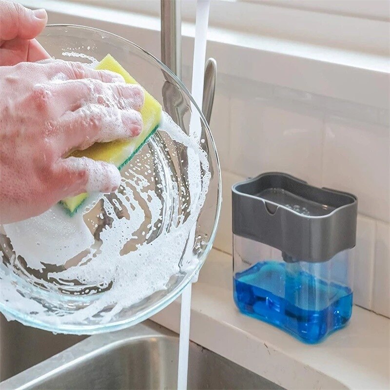 Distributeur de savon plat savon pompe boîte éponge Caddy cuisine créative 2-en-1 presse manuelle distributeur de savon liquide avec ensemble d'éponge de lavage