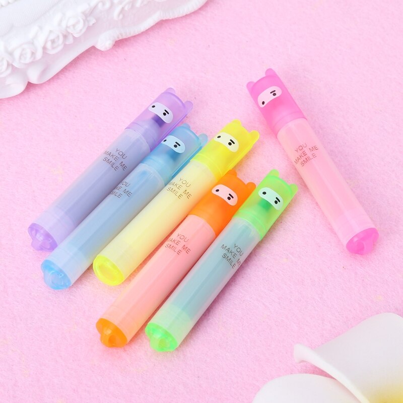 6x Korean Mini Highlighter Lovely Cartoon Marking Pen Office Stationery R9JA