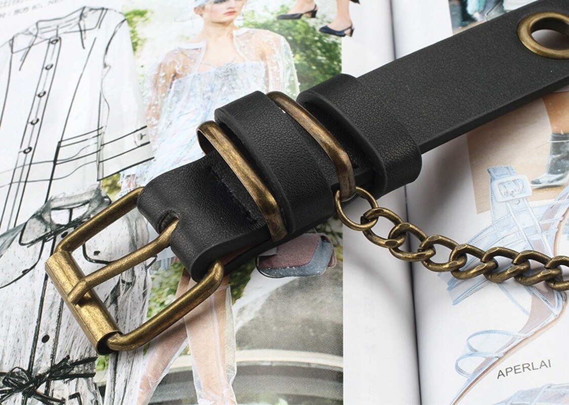 Women Punk Chain Belt Adjustable Single Row Hole Eyelet Waistband with Eyelet Chain Decorative Belts