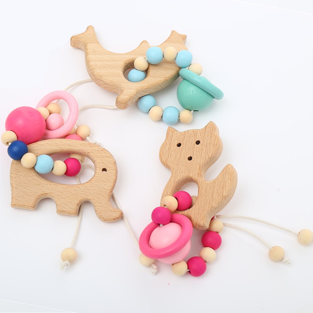 1Pc Hout Armband Dier Vormige Baby Organische Houten Siliconen Kralen Baby Molaire Speelgoed Voor Kids