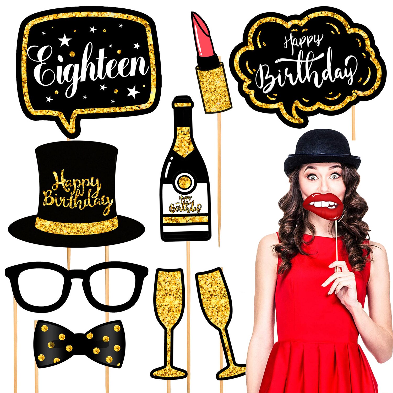 12 Stks/set Zwarte Goud 18 30 40 50 60 Gelukkige Verjaardag Photo Booth Prop Volwassen Verjaardagsfeestje Decoratie Man Vrouw diy Photobooth
