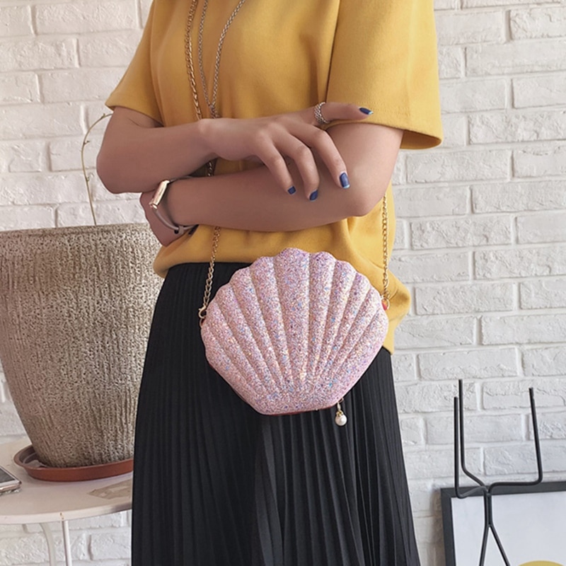 2Pcs Women Girls Little Mermaid Seashell Purse Cross-Body Shoulder Bags Glitter Sequins Chain Evening Purse, Pink & White