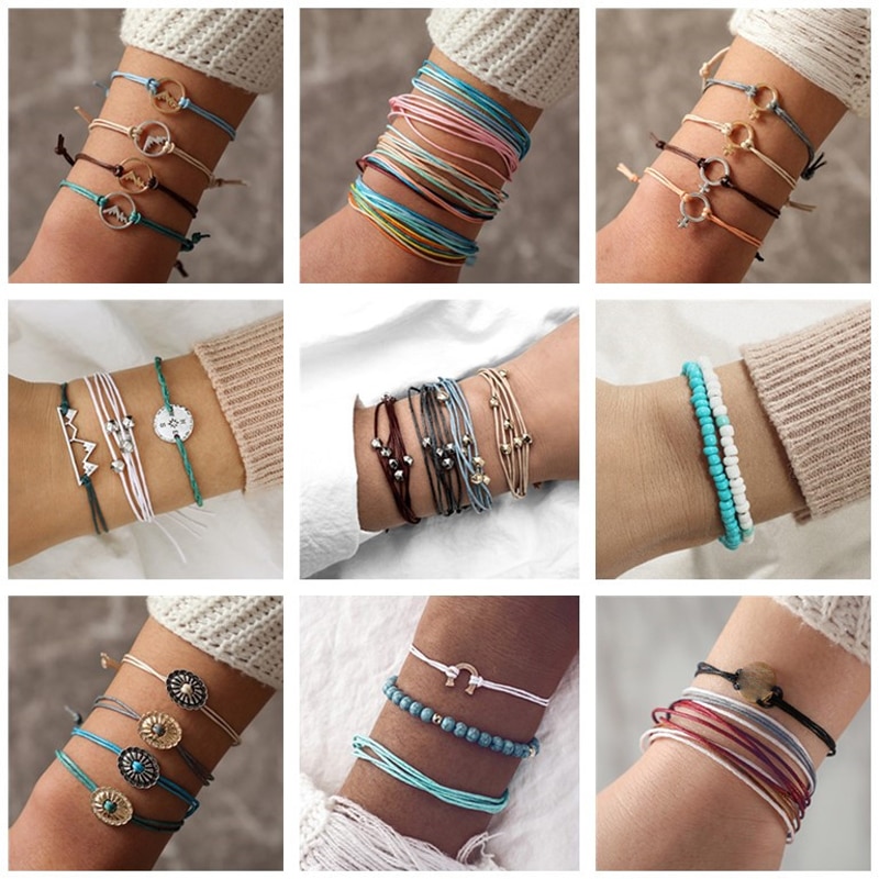 Docona Bohemian Kleurrijke Breien Draad Touw Armband Set voor Vrouwen Verstelbare Kompas Berg Wave Kaart Piek Armband