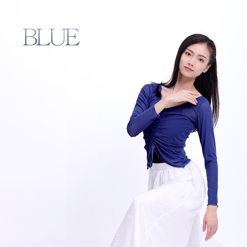 Women Mesh Dance Tops Drawstring Ballet Dance Overall Long Sleeve Adults Teen Girls Dance Tops Transparent Blouse Ballet Outfit: blue / XL height 170-175cm