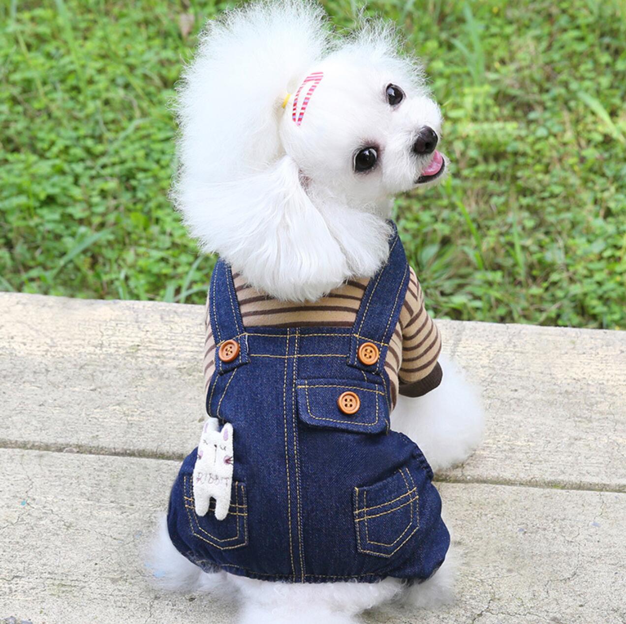 Høst og vinter nyeste stil hundeklær stripete fleece denim overalls dobbeltlags firbens tykk hunde-overall overall: Sjokolade / L