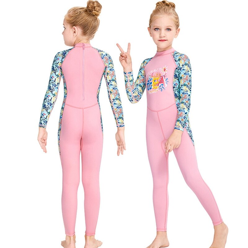 One-piece Kids Swimwears Diving Suits Long Sleeves Girls Surfing Diving Jumpsuits Children Rash Guards Snorkel