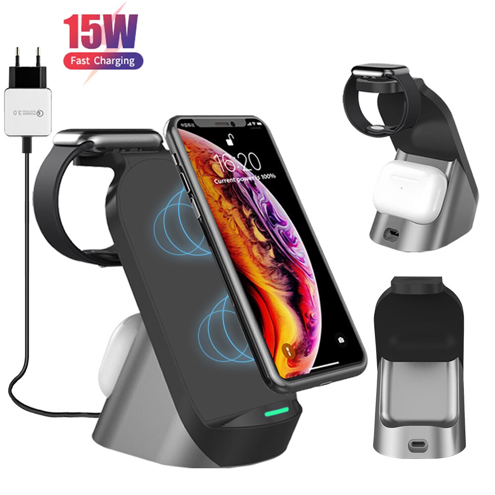 3 in 1 15w Qi Quick Wireless Charger Stand Dock For Apple Watch AirPods iPhone Samsung Xiaomi Phone Fast Induction Charging
