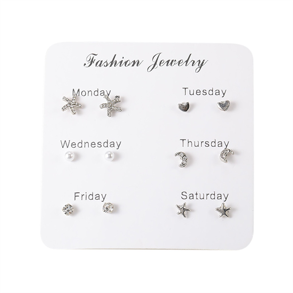 Women Heart Star Mini Earrings Set Girl Small Jewelry Square Leaf Pearl 6-pairs Stud Earring Sets Lady Mini Jewelry