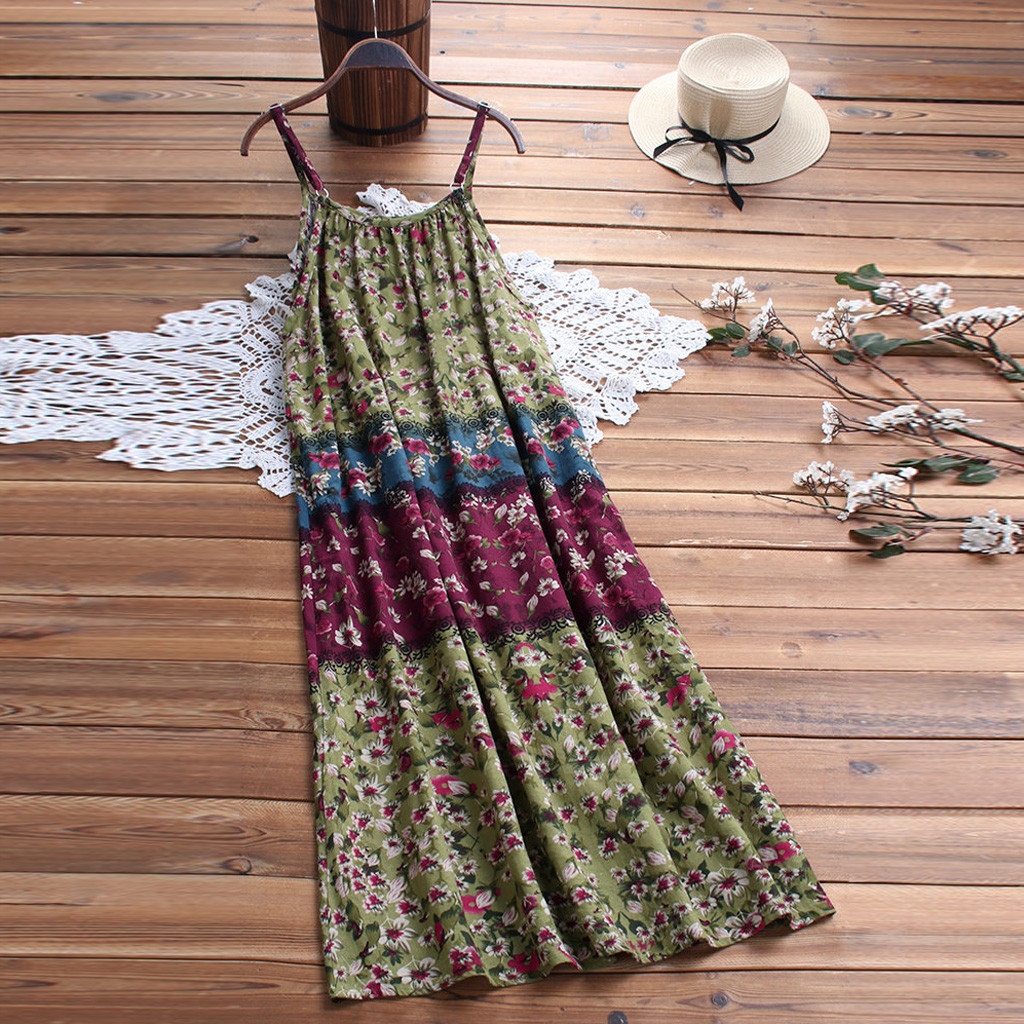 Vestido feminino moda feminina vintage boêmio impressão floral sem mangas o-pescoço correias maxi praia vestidos lagre tamanho solto vestido 39
