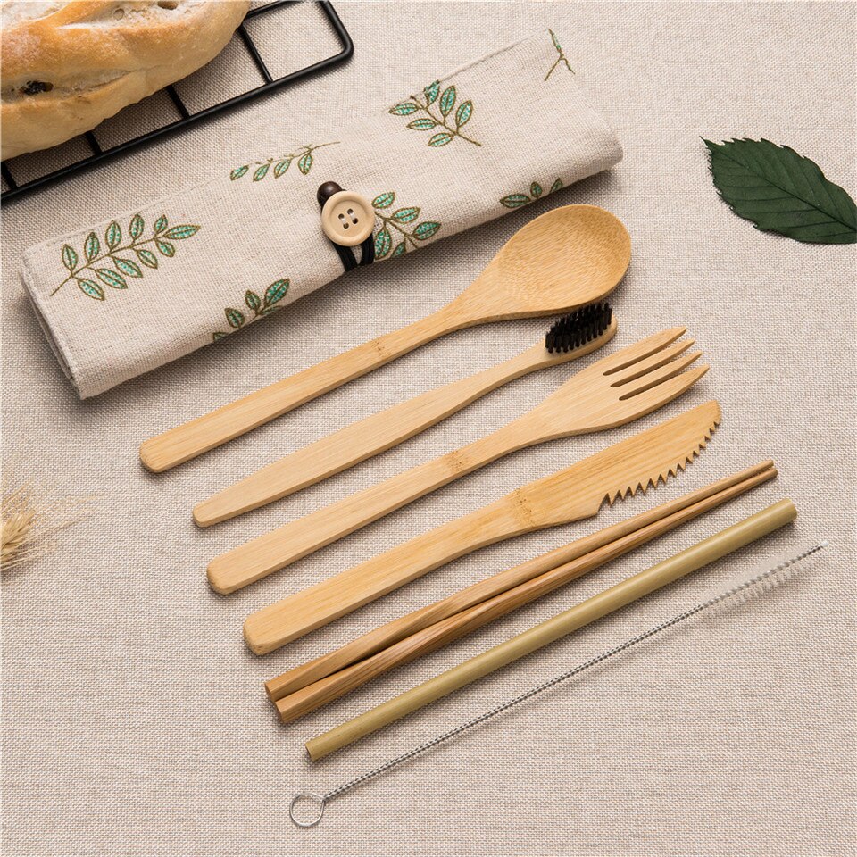 Draagbare Bestek Set Houten Bestek Vork Lepel Mes Tandenborstel Eetstokjes Bamboe Stro met Bestek Zak voor Reizen Picknick Set: 7pA