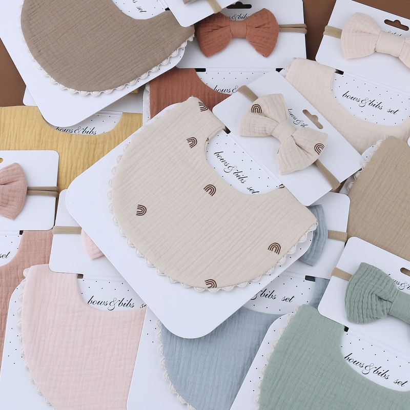 Baby Bib Feeding Smock Bowknot Hair Band Set Saliva Towel Bandana Elastic Bows Headband Infants Burp Cloth Headwear D5QA