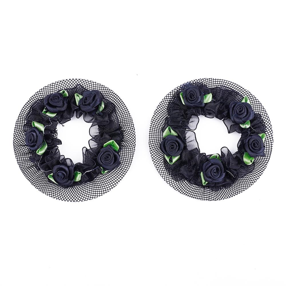 8.5cm Cute Flower Girls 2-5Pcs Bun Hair Nets Adjustable Kids 5 Colors Ballet Dance Examination Elastic Hair-net Styling Braider: black 2pcs