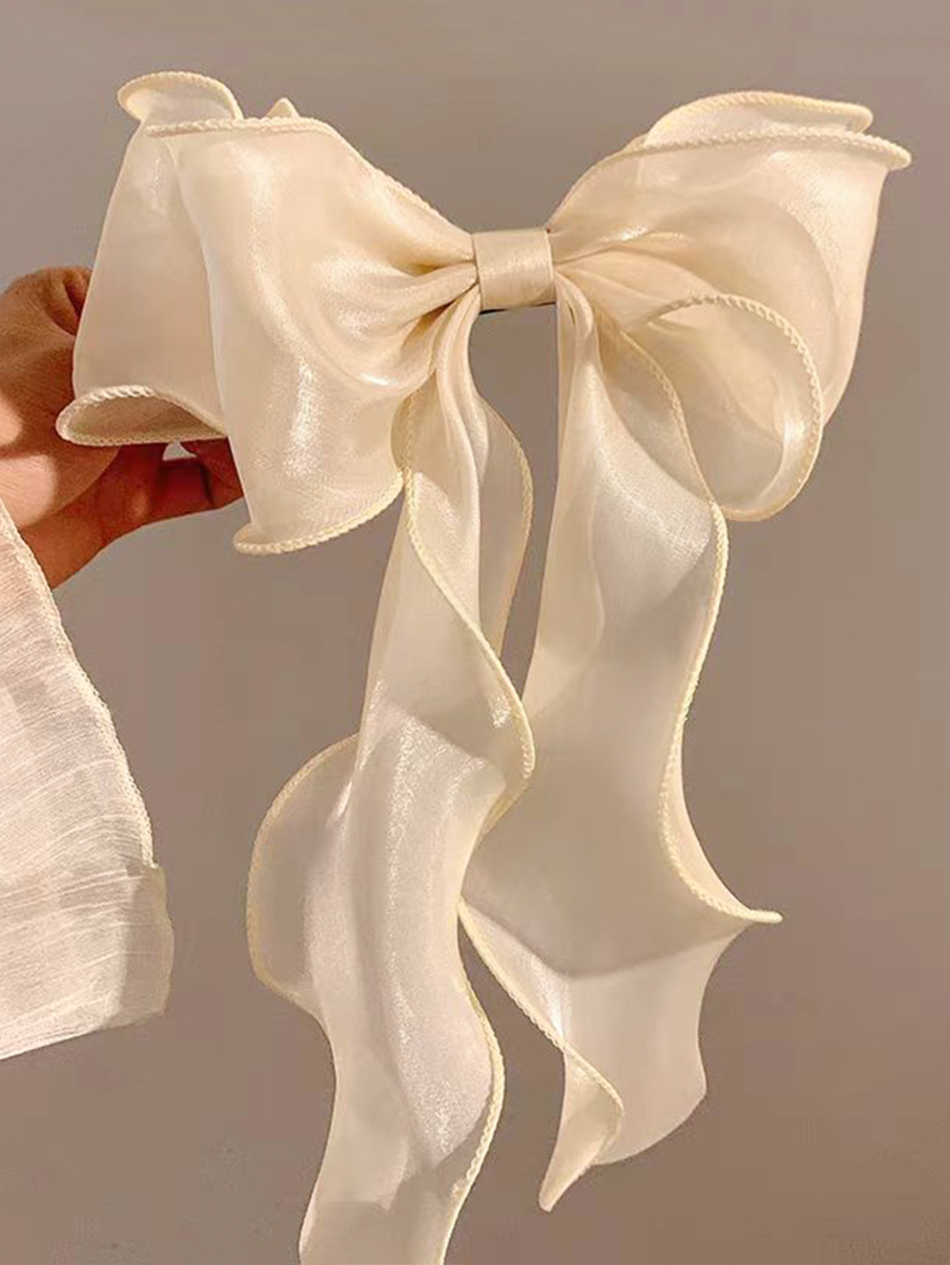 Pinzas para el cabello con lazo de Organza blanco para mujer, tocado francés fresco de sensación Premium, tarjetas grandes para el cabello, accesorios para el cabello para niña: Champán