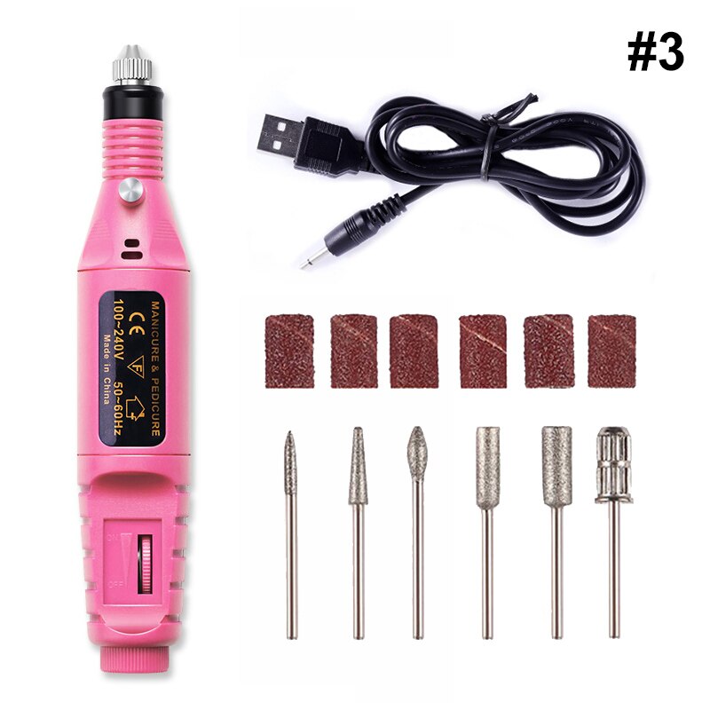 Máquina de clavos eléctrica con carga USB de 5 tamaños de 20000 RPM, taladros para quitar esmalte, pedicura, 6 uds, archivo enarenado de uñas, bandas para arte de uñas: Pink 2
