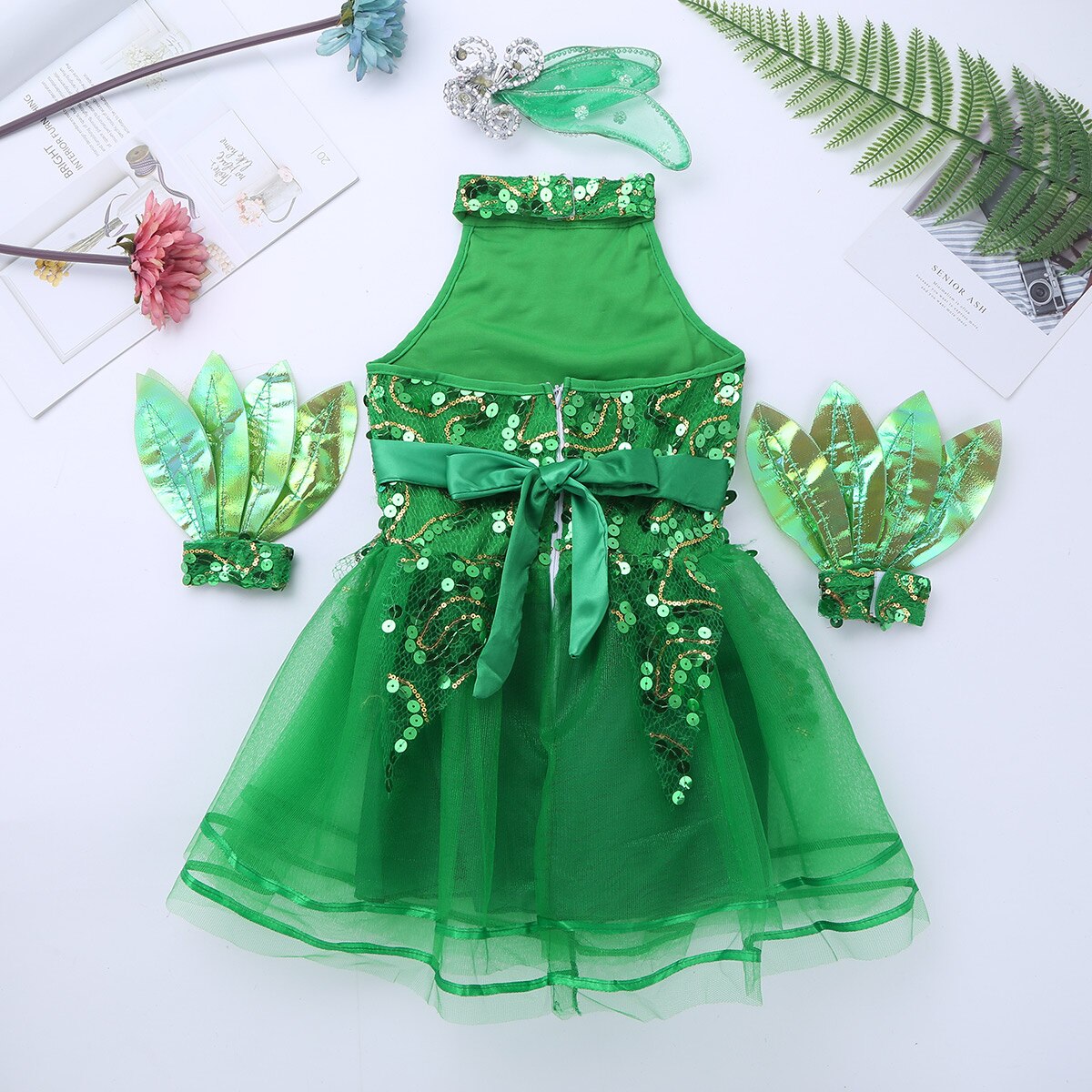Groene meisjes glanzende, met pailletten versierde ballet tutu jurk zonder mouwen, nep-hals, kinderkostuum voor jazzdansoptredens