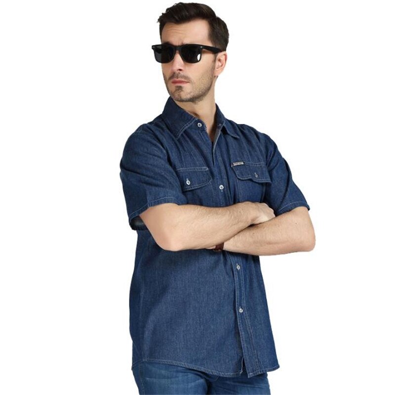 Plus size 3xl 4xl menn sommer denim skjorter kausal mannlige casual kortermede skjorter og topper sommer mann løse skjorter  a3605: Marineblå / 4xl