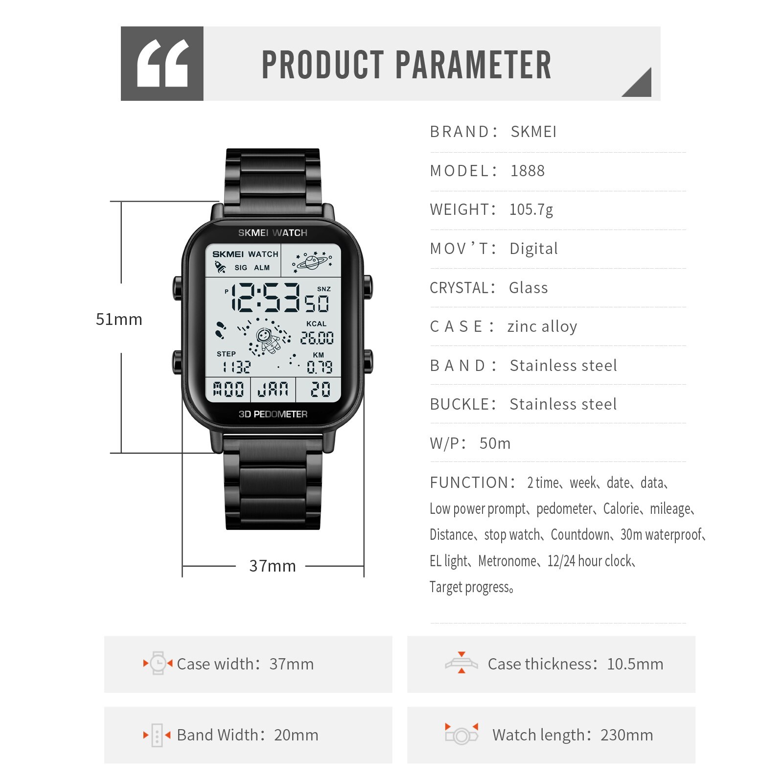 SKMEI-reloj deportivo Digital para hombre, cronómetro con pantalla de luz trasera, podómetro, cuenta atrás, calendario, cálculo de calorías