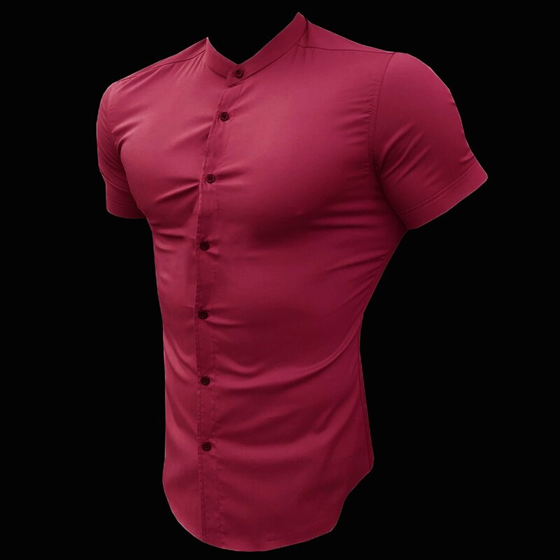 Heren Korte Mouw Zomer Plain Slim Fit Overhemden Fitness Mannen Gym Kleding Mode Casual Sociale Stand Zakelijke Shirts: Rood / Xl