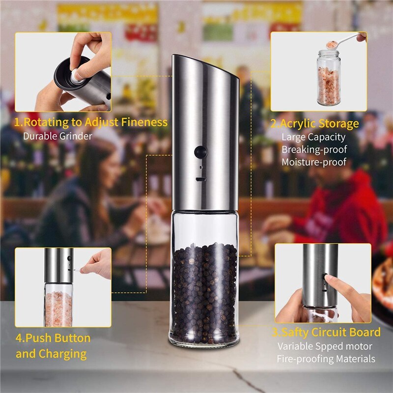 Electric Salt &amp; Pepper Grinder USB Rechargeable Pepper Mill Adjustable Coarseness LED Light Automatic Spice Grinder Kitchen Tool