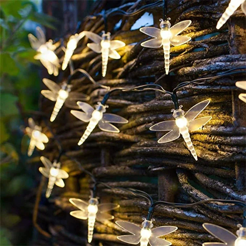 Luzes de corda de libélula solar 20led luz de fadas guirlanda iluminação de férias para casamento ao ar livre jardim árvore pátio festa decoração