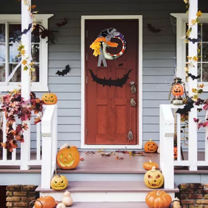 Q0KA Halloween Moon Wreath with Artificial Maple Leaf Striped Bow Throw Pillow Front Door Wall Garland Cushion Toy Home
