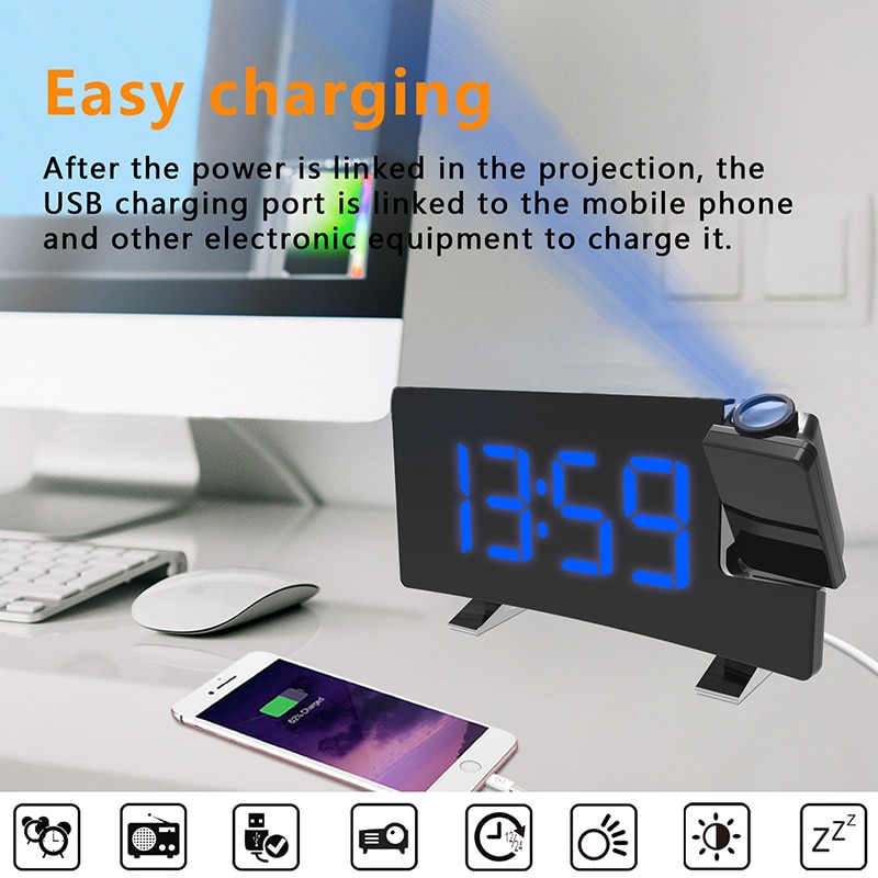 Projection Alarm Clock Digital Ceiling Display 180 Degree Projector Dimmer Radio Battery Backup Wall Time Projection