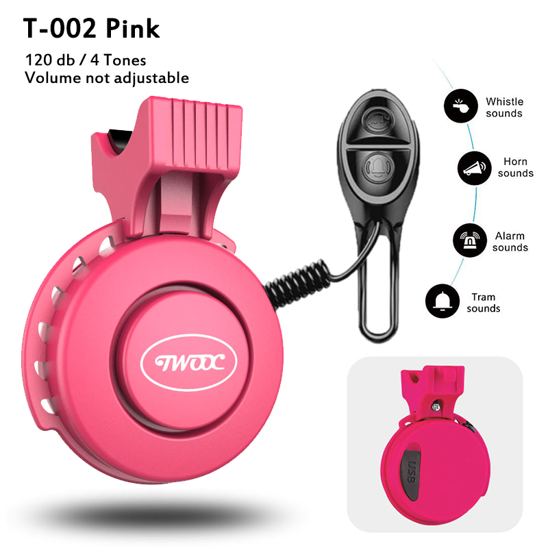 Timbre de bicicleta eléctrico IP65, claxon para bicicleta eléctrica, resistente al agua, recargable por USB, 120dB, 4 modos, accesorios para bicicleta: T-002 Pink