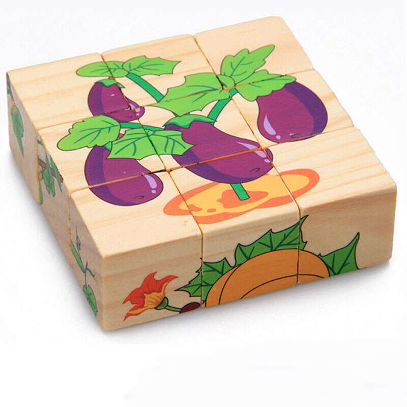 Wooden Cartoon Animal Puzzle Toys 6 Sides Wisdom Jigsaw Early Education Learning Toys For Children Game 9pcs Single 3D Puzzle: Vegetables